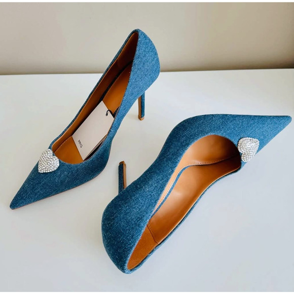 MANGO Embellished Heels NWT | Denim Point Toe w/ Rhinestone Heart - Picture 8 of 16